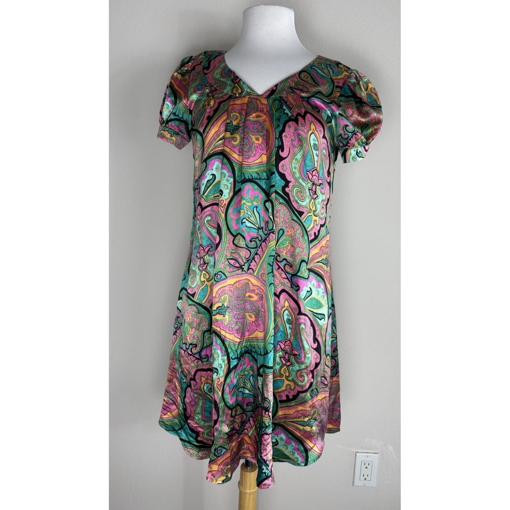 Vintage Parade Silk Psychedelic Paisley Print Silk V-Neck Nightgown Dress  M